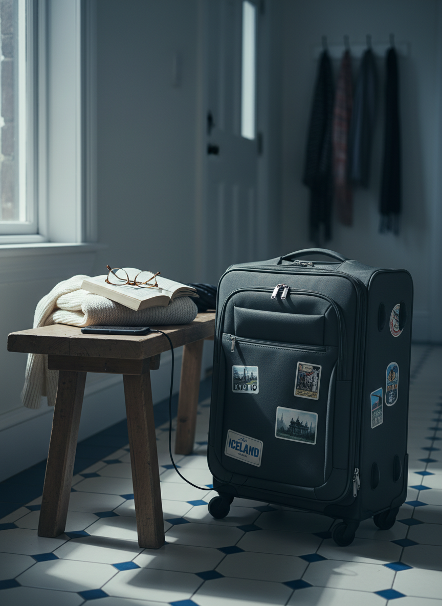 A sturdy, slightly overpacked rolling suitcase with a few travel stickers peeling at the edges stands beside a modest wooden hallway bench, where a neatly folded cardigan, a paperback mystery novel, and a compact travel umbrella are laid out in preparation. A pair of reading glasses rests on the novel, and a phone with visible charging cable snakes toward a wall outlet. Early morning light with a soft, cool tone streams in from a nearby window, casting long, gentle shadows on the floor tiles. Photographic realism, shot from a three-quarter angle at waist height, with crisp focus on the suitcase and bench while the background doorway and coat hooks soften into bokeh. The mood is warm, quietly adventurous, and slightly amused at the amount of “just in case” packing that comes with getting older.