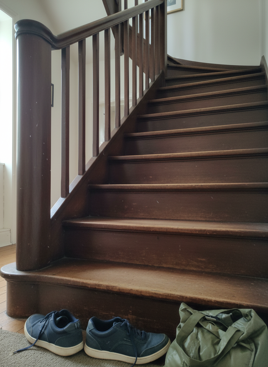 A slightly scuffed, dark wooden staircase with polished but well-used handrails curves gently upward in a modest home hallway, the kind that has heard decades of footsteps. A pair of comfortable walking shoes sits at the base, casually kicked off beside a folded reusable shopping bag. Soft, diffused morning light seeps in from an unseen window, catching the subtle shine on the handrail and the worn edges of the steps. Photographic realism, captured from a low, upward angle that emphasizes the railings as practical companions rather than symbols of frailty. The mood is wry and affectionate, with a hint of self-aware humor, as if the staircase itself is part of an ongoing, good-natured negotiation with the realities of aging.