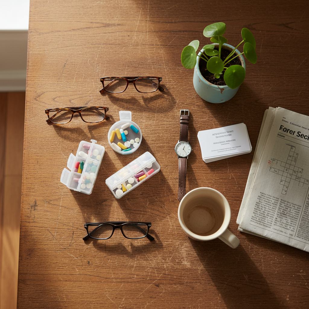 A solid wooden kitchen table with visible grain and a few scratches of long use is spread with an assortment of reading glasses, pill organizers, a simple analog wristwatch, a small houseplant in a chipped ceramic pot, and a neat stack of printed appointment reminder cards. A classic ceramic mug with a tea stain ring inside sits nearby, next to a well-thumbed, folded newspaper crossword section. Gentle mid-morning natural light pours in from a nearby window, creating clear, soft-edged shadows and subtle highlights on the glass and plastic surfaces. Photographic realism, shot from directly above in a tidy flat-lay composition, keeps every object in sharp focus. The mood is calm, matter-of-fact, and quietly playful, capturing the organized chaos of managing aging's practical details without sentimentality or drama.