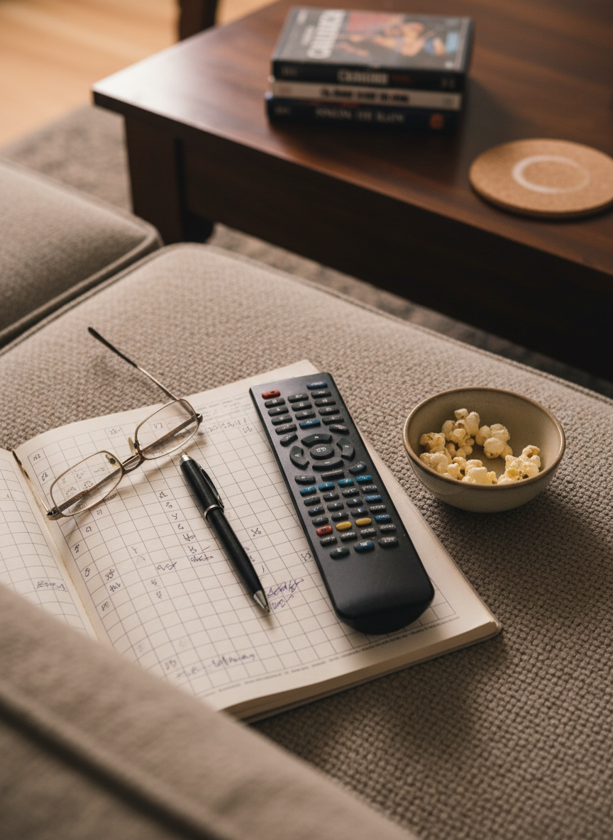 A well-used television remote with slightly worn buttons rests on a textured, neutral-toned sofa cushion, surrounded by the casual clutter of an evening in: a pair of folded reading glasses, an open crossword book with a pen balanced in its crease, and a small bowl holding the last few pieces of popcorn. The coffee table in front shows a stack of classic movie DVDs and a coaster with the faint ring of a recently lifted mug. Soft, warm lamplight from the side creates gentle highlights on the remote’s edges and soft shadows in the fabric folds. Photographic realism, shot from a slightly elevated close-up perspective with shallow depth of field, makes the remote and crossword the quiet heroes of the scene. The mood is relaxed, self-aware, and lightly humorous about choosing comfort over nightlife.