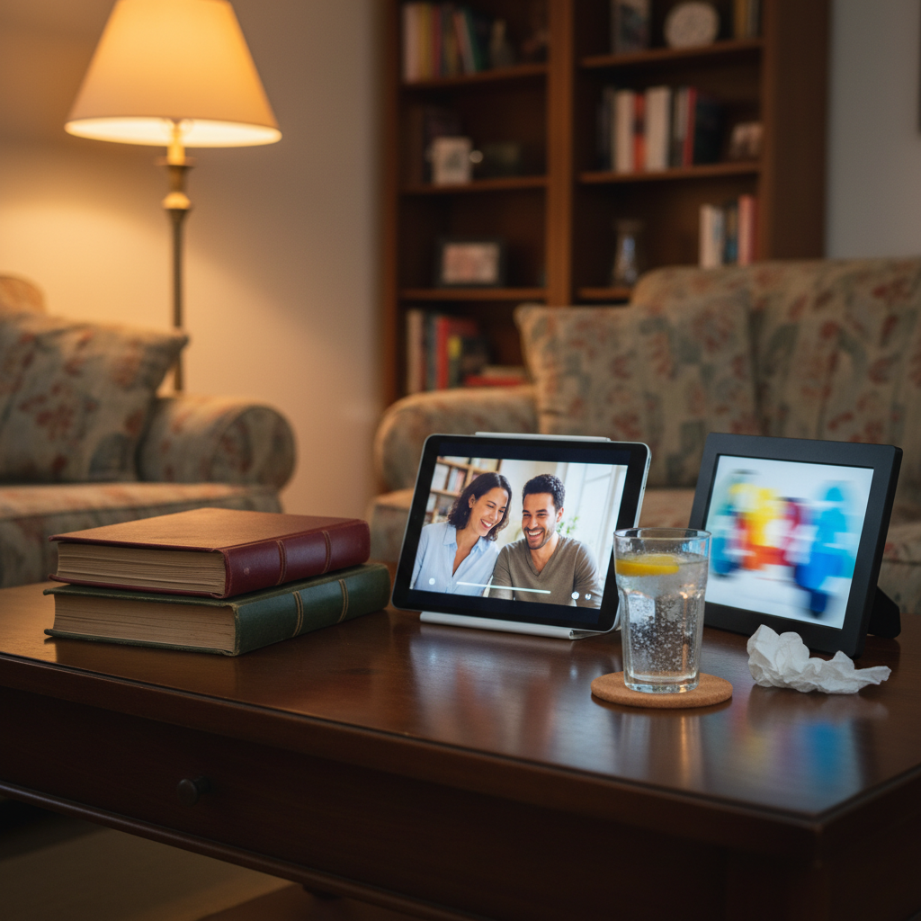 An inviting living room coffee table holds a slightly messy pile of old photo albums, a sleek modern tablet displaying a paused video frame, and a small digital photo frame cycling through blurred, colorful images. A coaster with a half-finished glass of sparkling water and a crumpled tissue sits nearby, suggesting a recent bout of laughter. Soft evening light from a shaded floor lamp beside the table creates a warm, golden pool that contrasts with the cool glow of the tablet screen. Photographic realism, captured from a seated eye-level angle that lets the viewer feel part of the scene, with moderate depth of field keeping the table sharp while the surrounding sofa and bookcase fade gently. The mood is nostalgic yet amused, reflecting how aging blends analog memories with digital distractions.