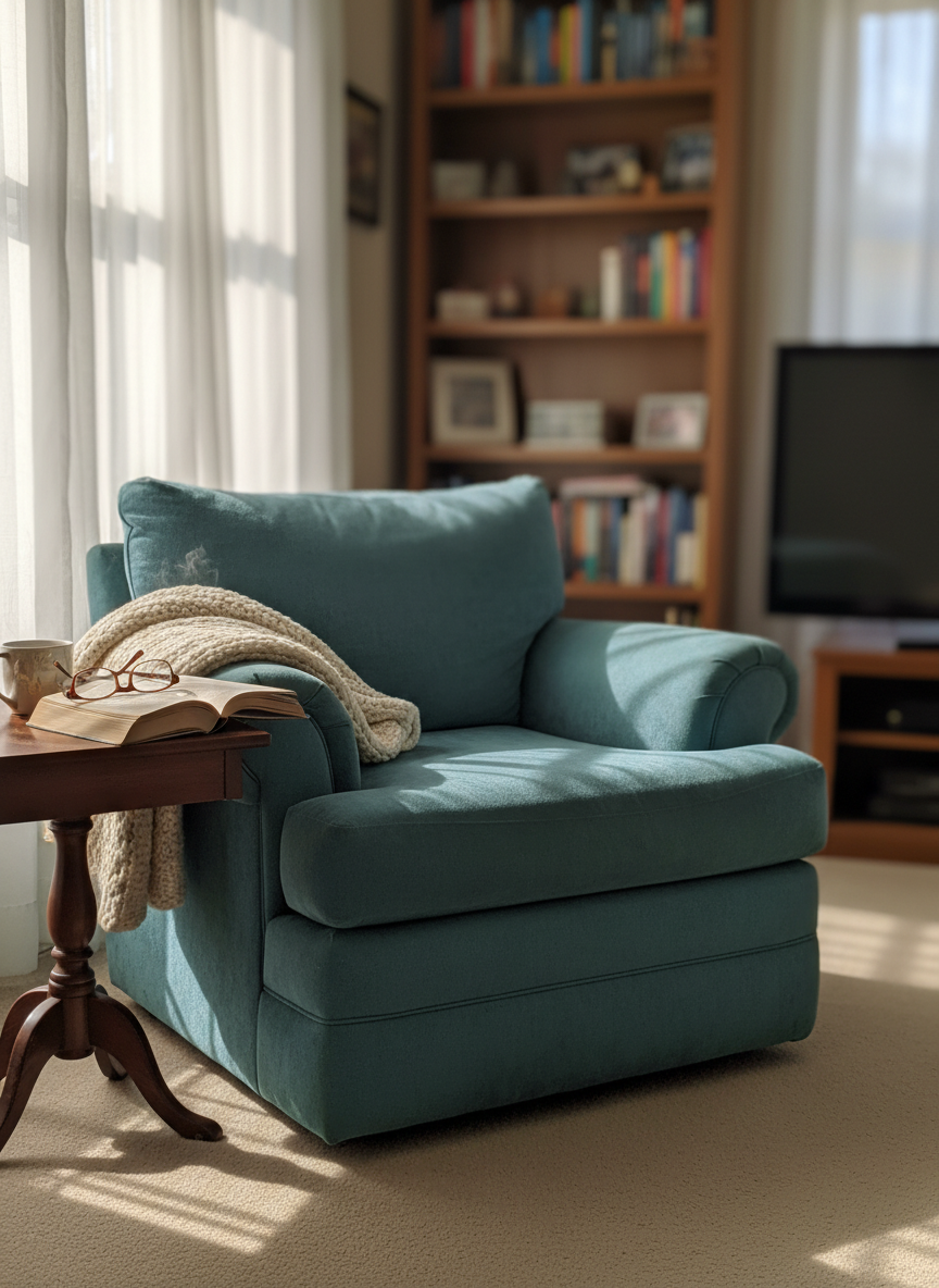 A well-worn, overstuffed reading chair upholstered in soft, slightly faded teal fabric sits in the corner of a cozy living room, its cushions gently sagging in that inviting, familiar way. A knitted throw is draped over one arm, and a sturdy wooden side table holds a pair of reading glasses resting atop a thick, open paperback and a steaming mug of tea. Late afternoon light filters through sheer curtains, casting warm, slanting beams and gentle shadows across the scene. Photographic realism, shot at eye level with a shallow depth of field, keeps the chair and table in sharp focus while the background bookcase and muted television glow blur softly, creating an atmosphere that is quietly humorous, comfortable, and unapologetically mature.